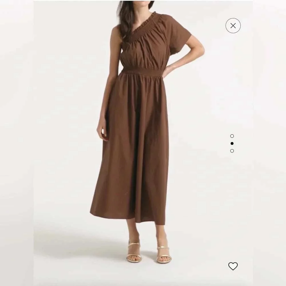 NWT J.Crew Smocked One-Shoulder Midi Dress Brown Cotton Poplin Size XS - Picture 1 of 12